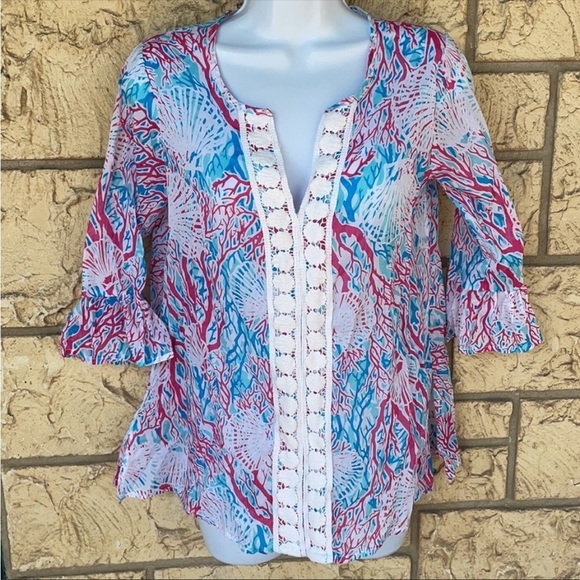 Coral Shells Tunic Beach Vacation Blouse comfy Size Med - Picture 2 of 8